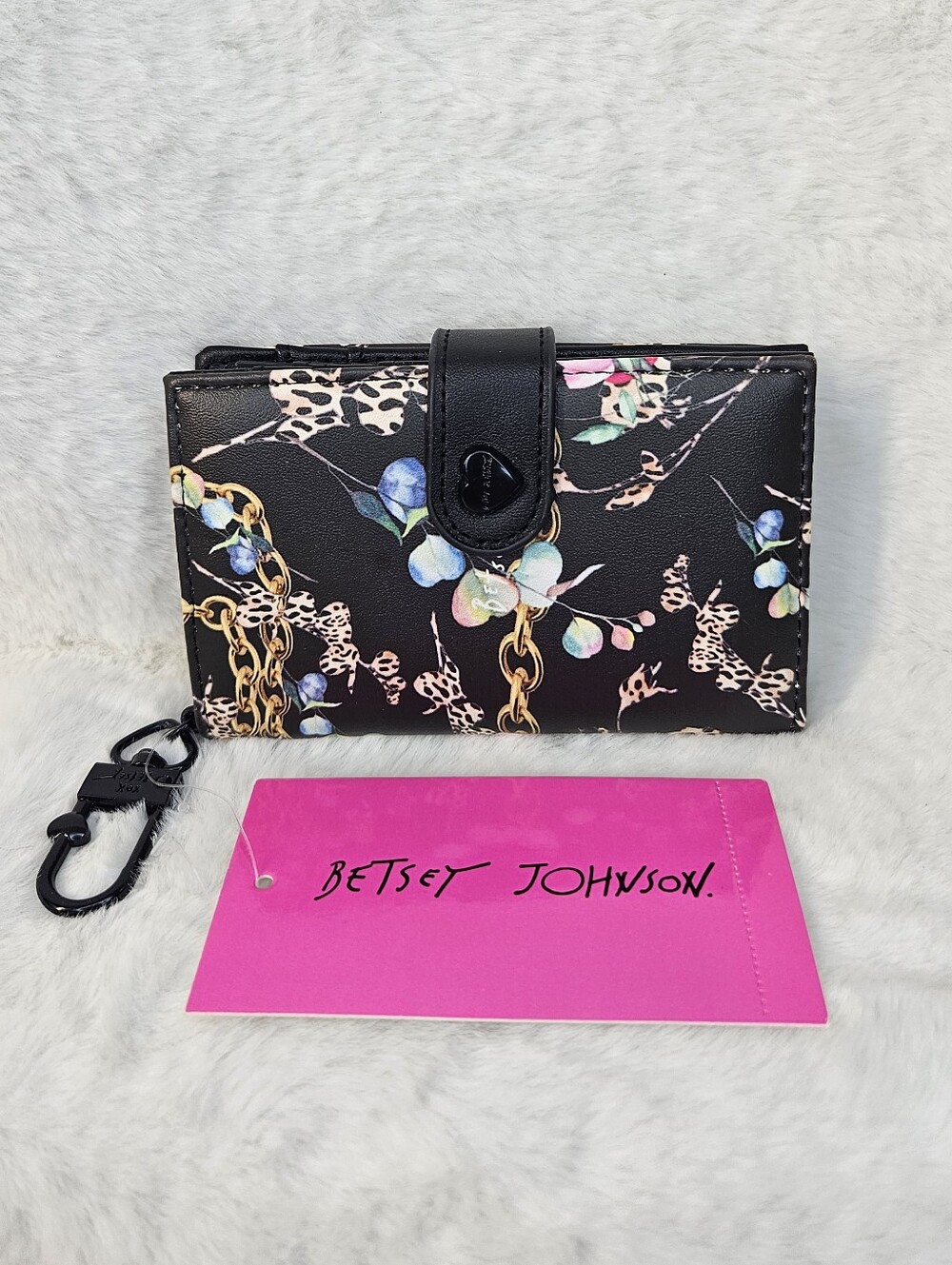 Betsey Johnson Black Floral & Gold Chain Print Wallet NWT